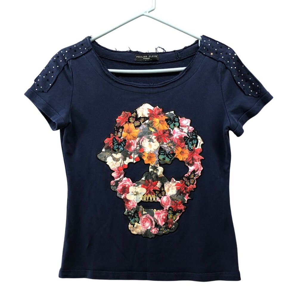 Philipp Plein Floral Skull Short Sleeve‎ Sweatshirt Womens XL Blue Frayed